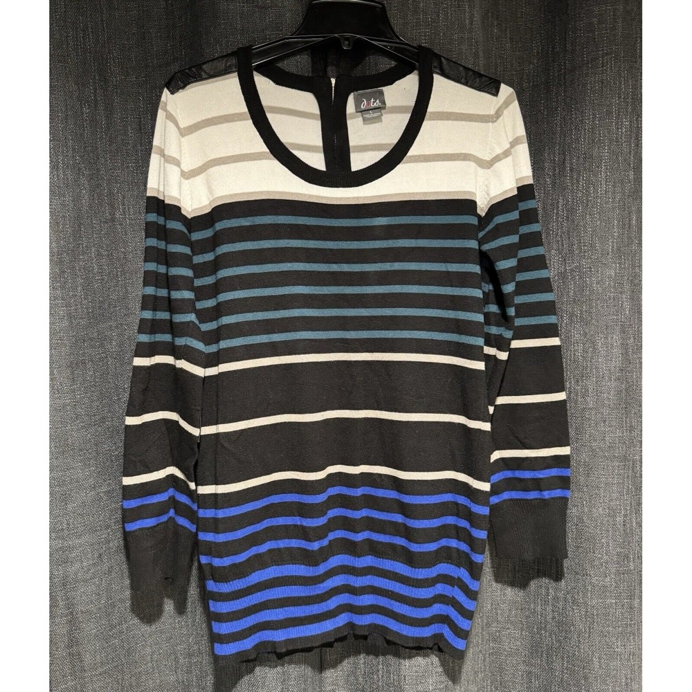 Dots Brand, Women's Large Striped Blue Green Edgy Fitted Dress‎ above the Knee